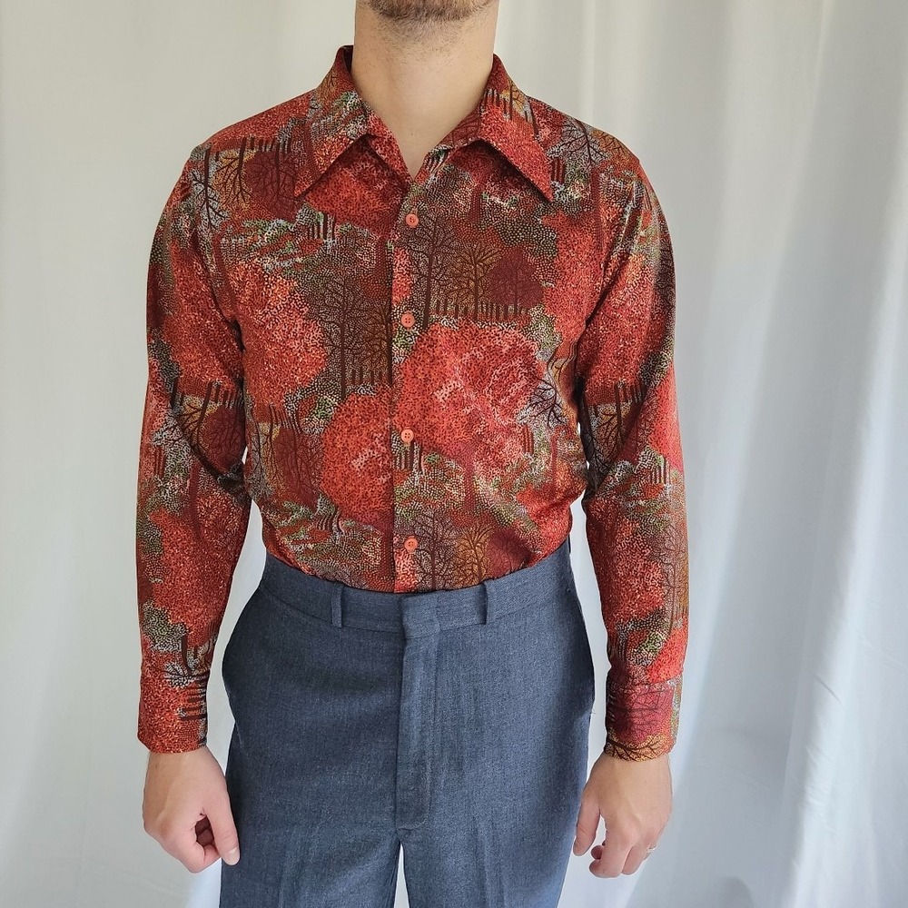 70s Red Jantzen Funky Tree‎ Print Dagger Collar Shirt